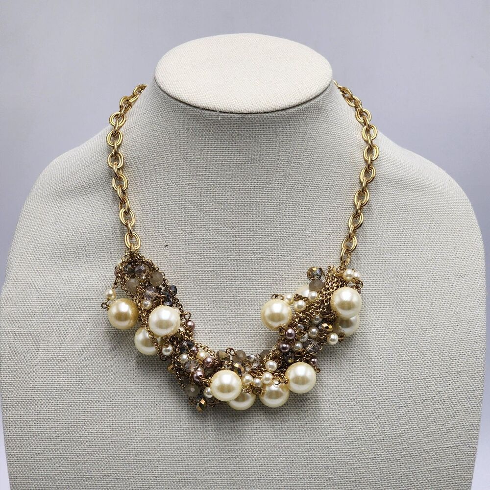 Large Pearl Mixed Cluster Gold Chain Statement Necklace
